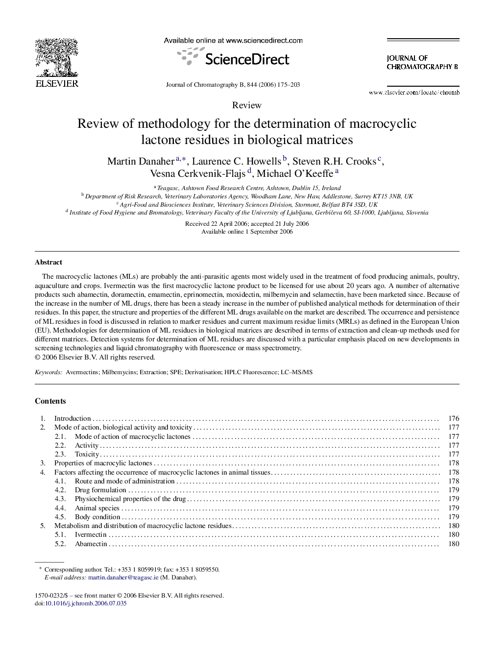 Review of methodology for the determination of macrocyclic lactone residues in biological matrices