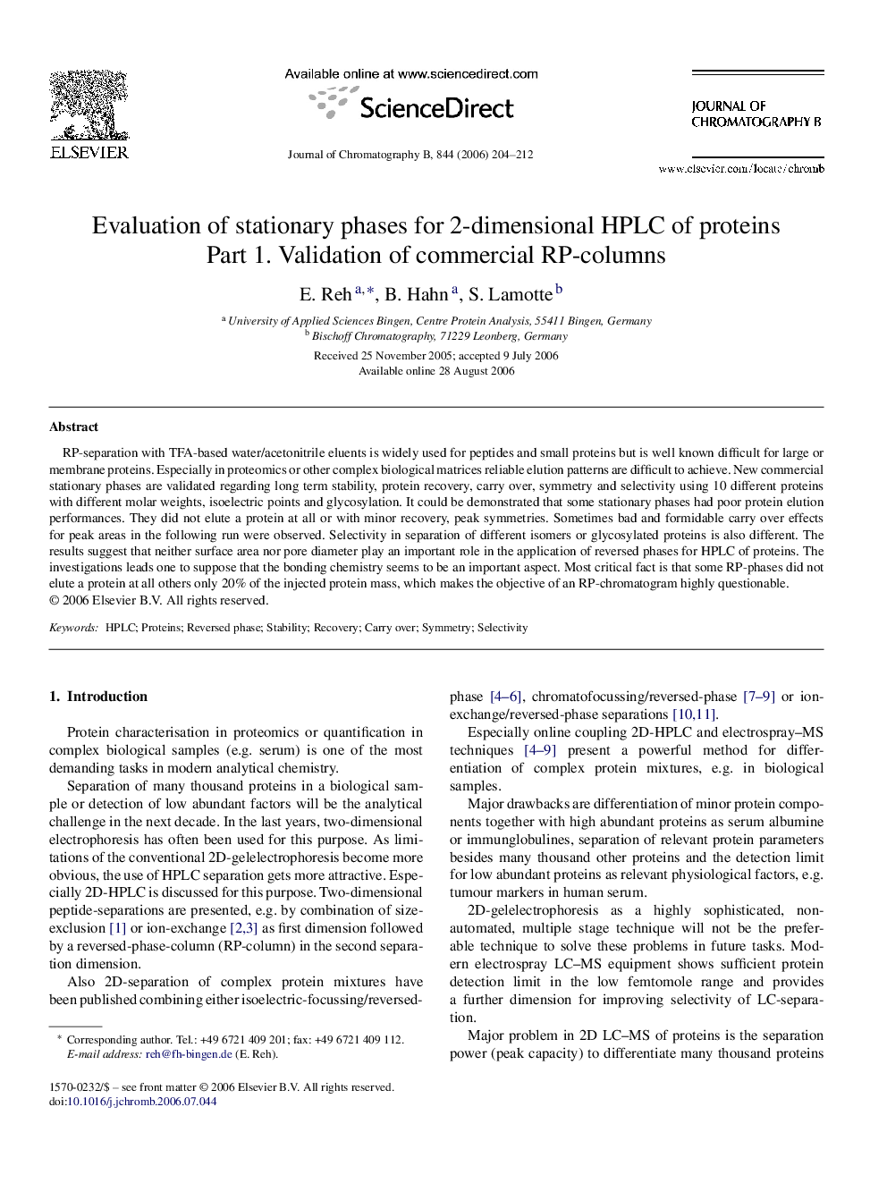 Evaluation of stationary phases for 2-dimensional HPLC of proteins