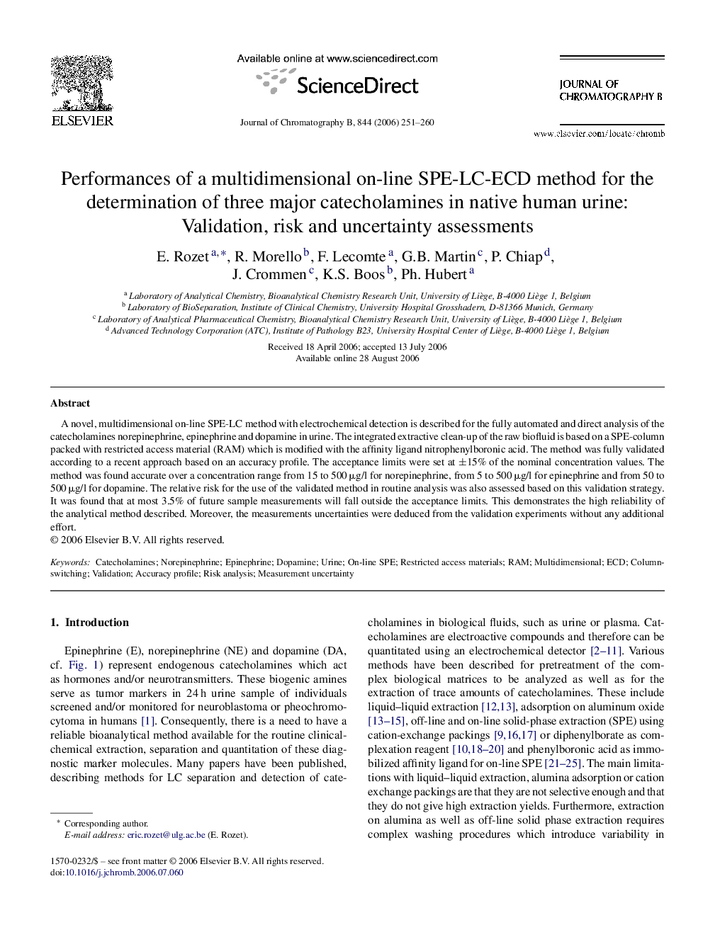 Performances of a multidimensional on-line SPE-LC-ECD method for the determination of three major catecholamines in native human urine: Validation, risk and uncertainty assessments