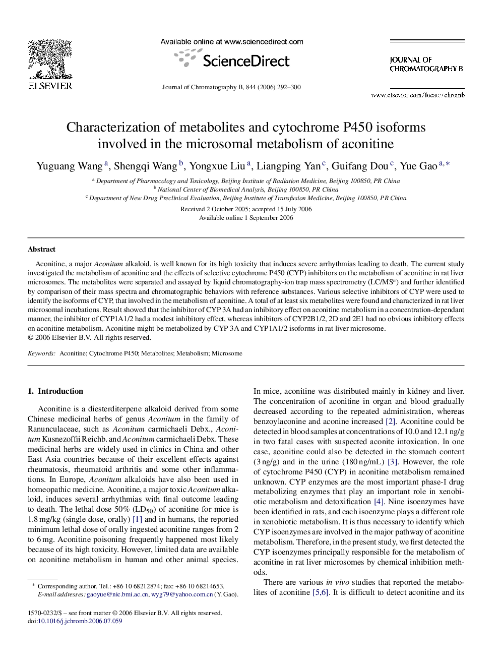 Characterization of metabolites and cytochrome P450 isoforms involved in the microsomal metabolism of aconitine
