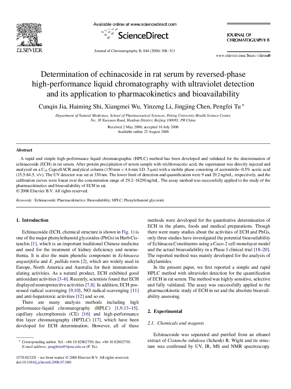 Determination of echinacoside in rat serum by reversed-phase high-performance liquid chromatography with ultraviolet detection and its application to pharmacokinetics and bioavailability