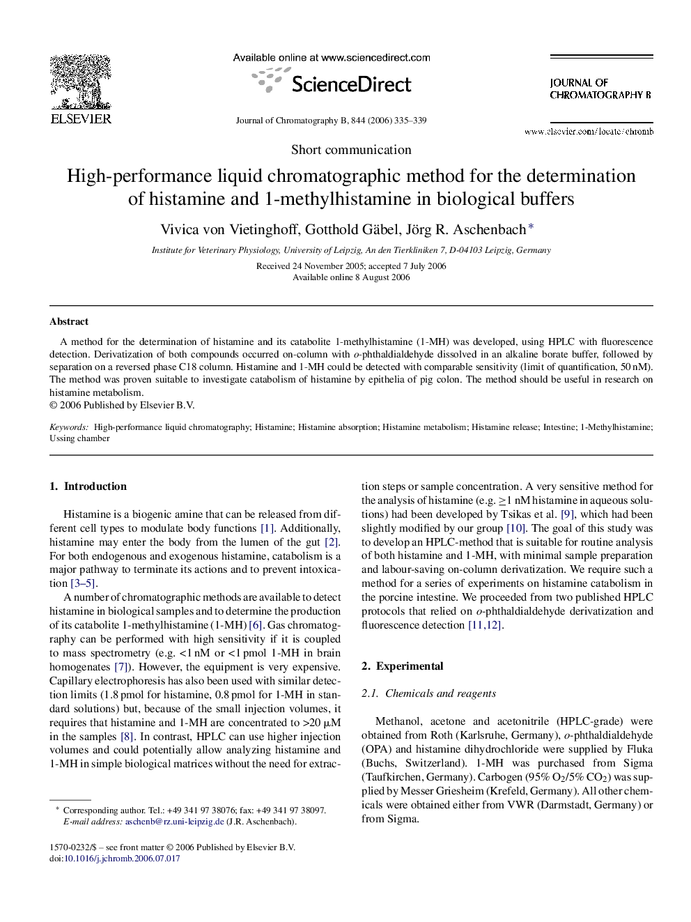 High-performance liquid chromatographic method for the determination of histamine and 1-methylhistamine in biological buffers