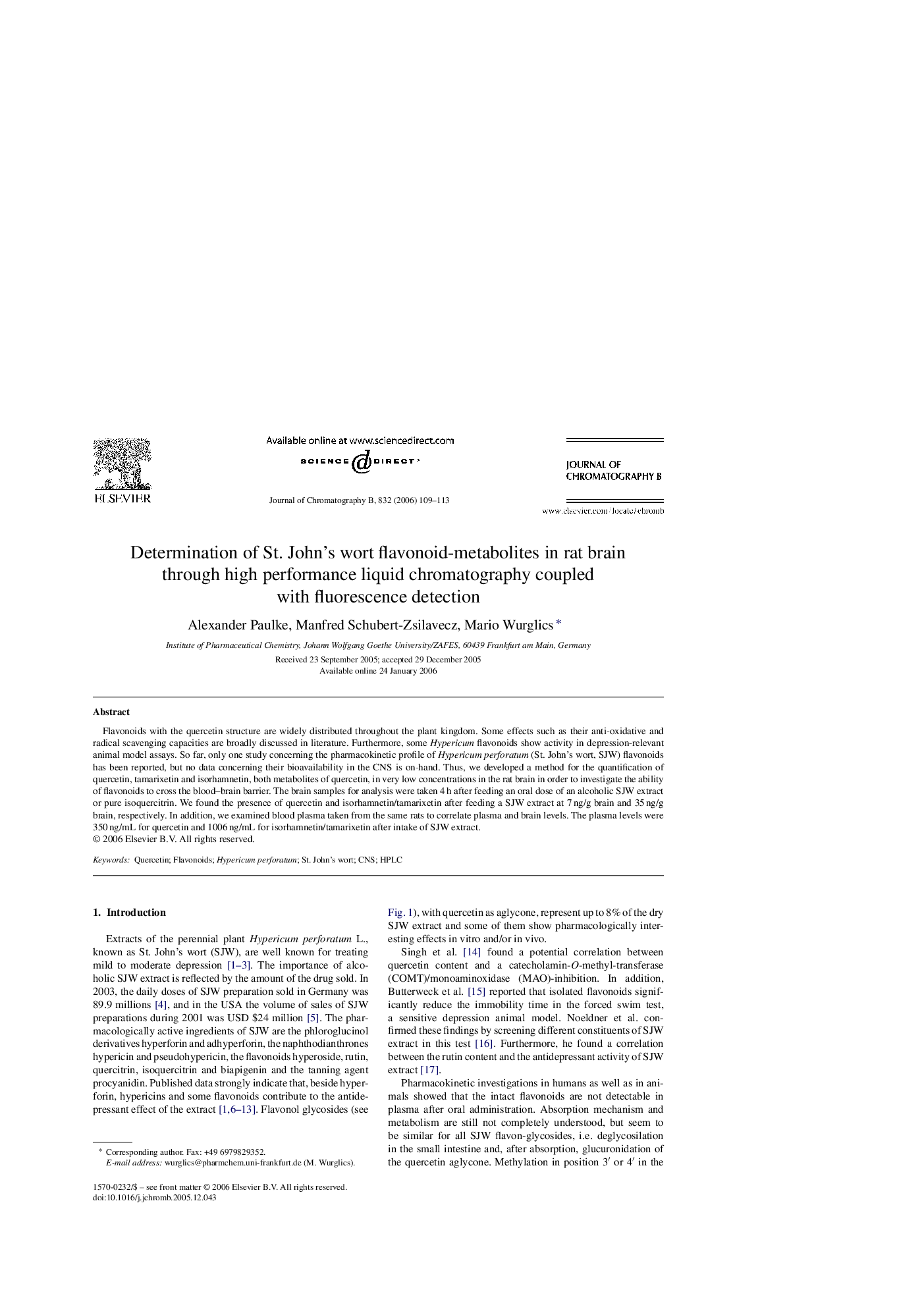 Determination of St. John's wort flavonoid-metabolites in rat brain through high performance liquid chromatography coupled with fluorescence detection