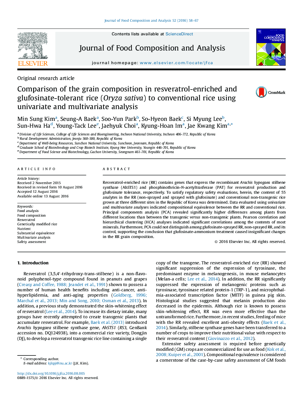 Comparison of the grain composition in resveratrol-enriched and glufosinate-tolerant rice (Oryza sativa) to conventional rice using univariate and multivariate analysis
