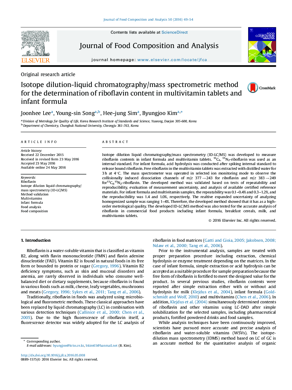 Isotope dilution-liquid chromatography/mass spectrometric method for the determination of riboflavin content in multivitamin tablets and infant formula