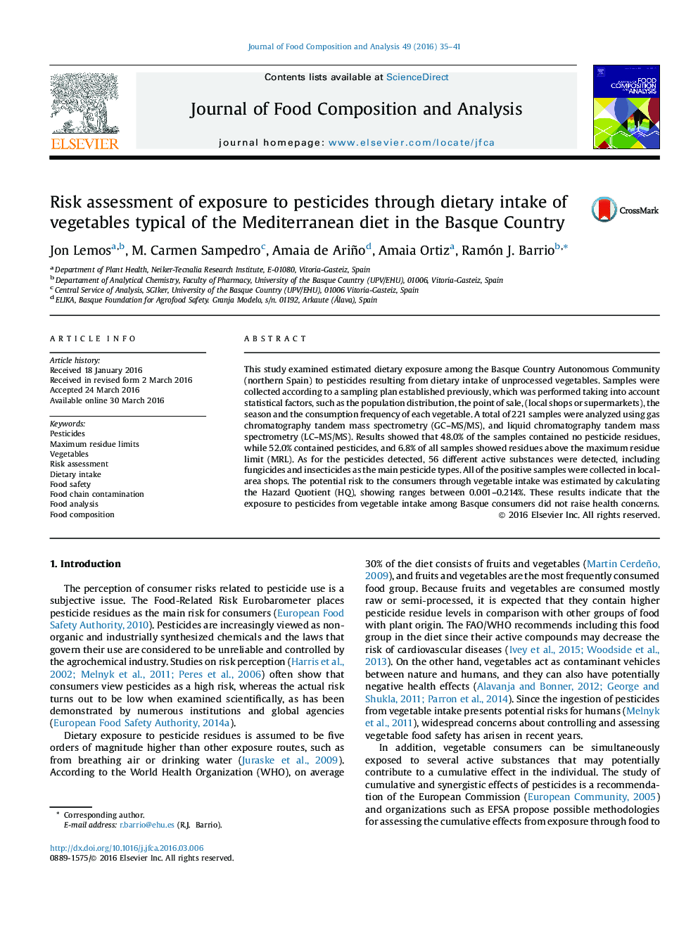 Risk assessment of exposure to pesticides through dietary intake of vegetables typical of the Mediterranean diet in the Basque Country