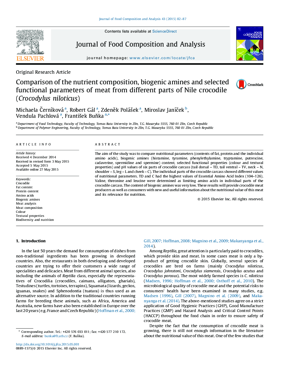 Comparison of the nutrient composition, biogenic amines and selected functional parameters of meat from different parts of Nile crocodile (Crocodylus niloticus)