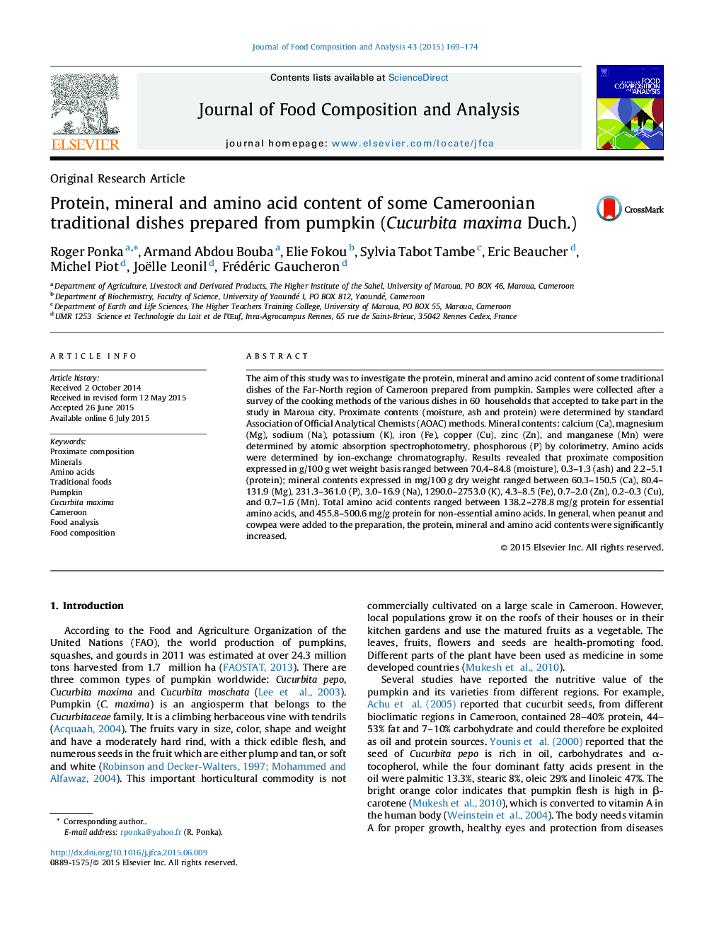 Protein, mineral and amino acid content of some Cameroonian traditional dishes prepared from pumpkin (Cucurbita maxima Duch.)