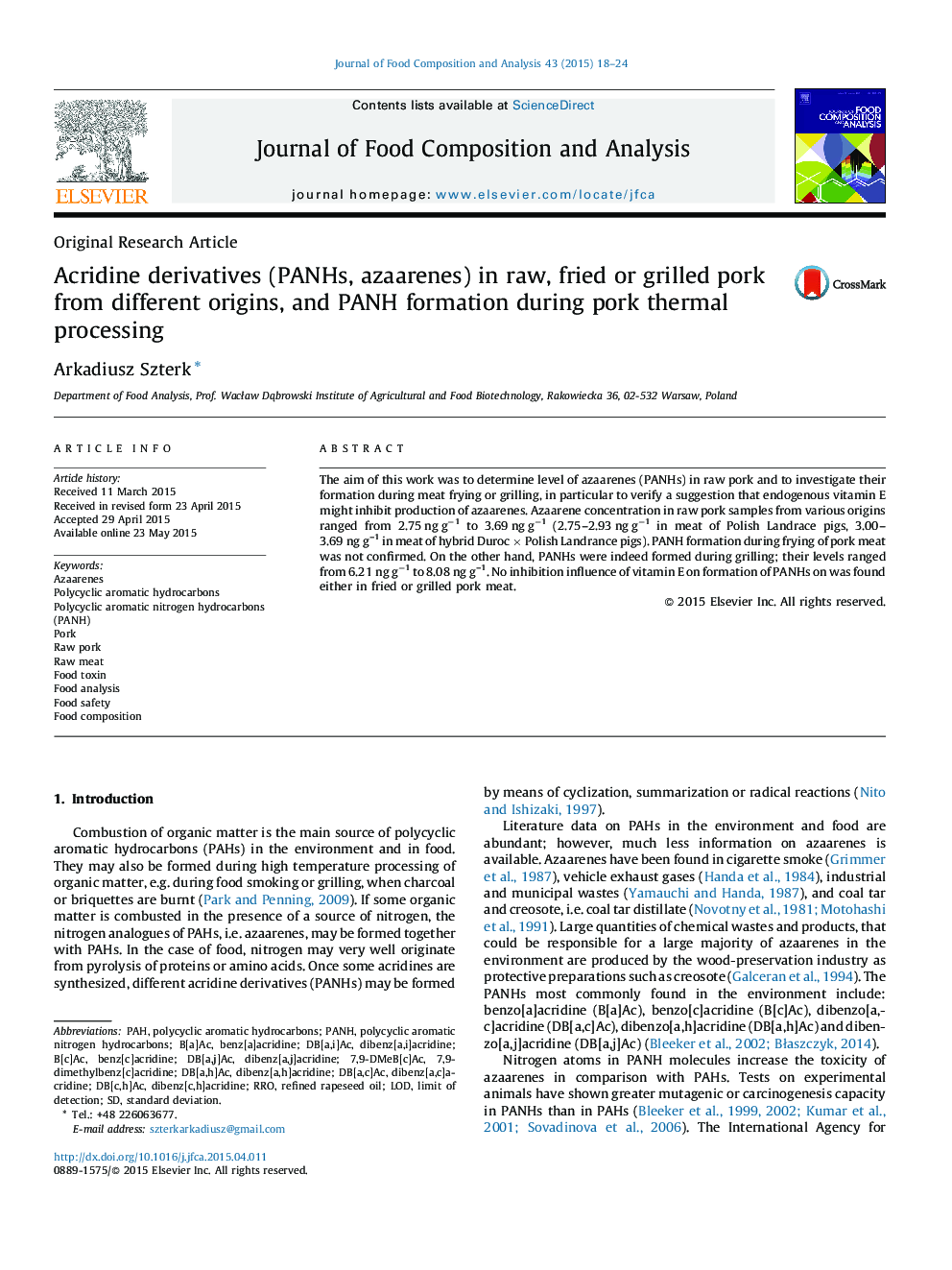 Acridine derivatives (PANHs, azaarenes) in raw, fried or grilled pork from different origins, and PANH formation during pork thermal processing