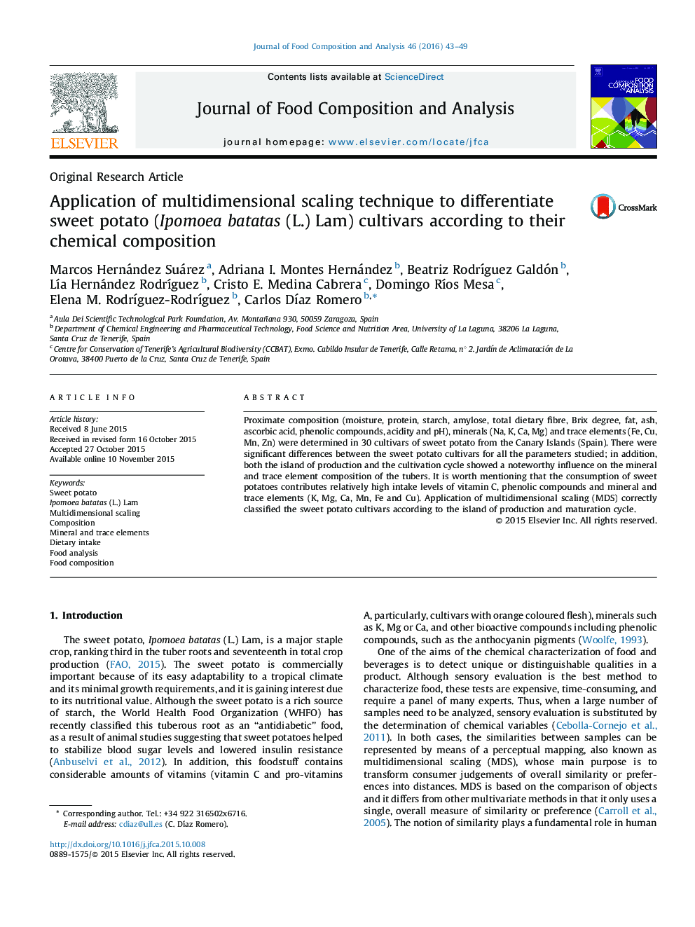 Application of multidimensional scaling technique to differentiate sweet potato (Ipomoea batatas (L.) Lam) cultivars according to their chemical composition