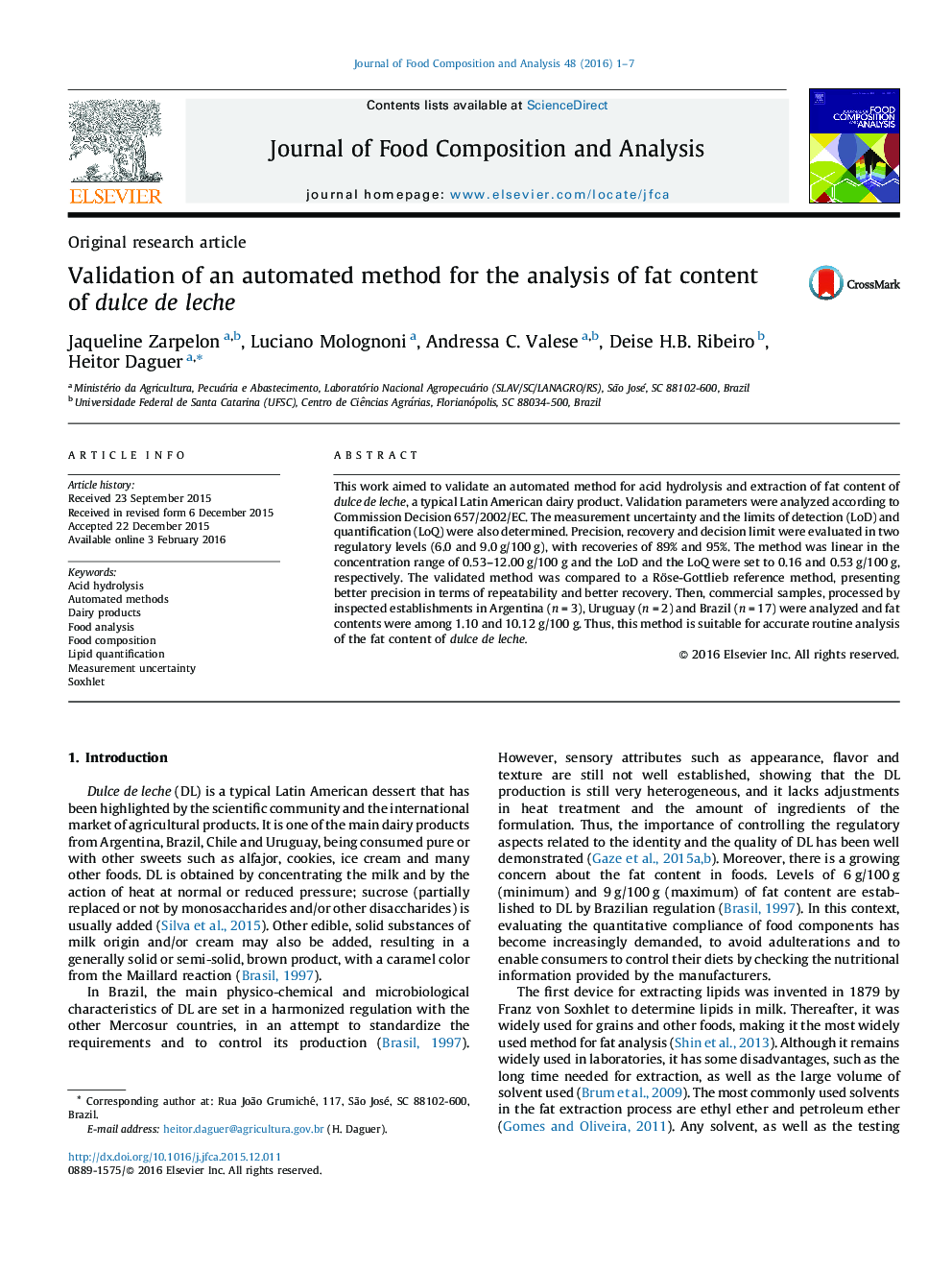 Validation of an automated method for the analysis of fat content of dulce de leche