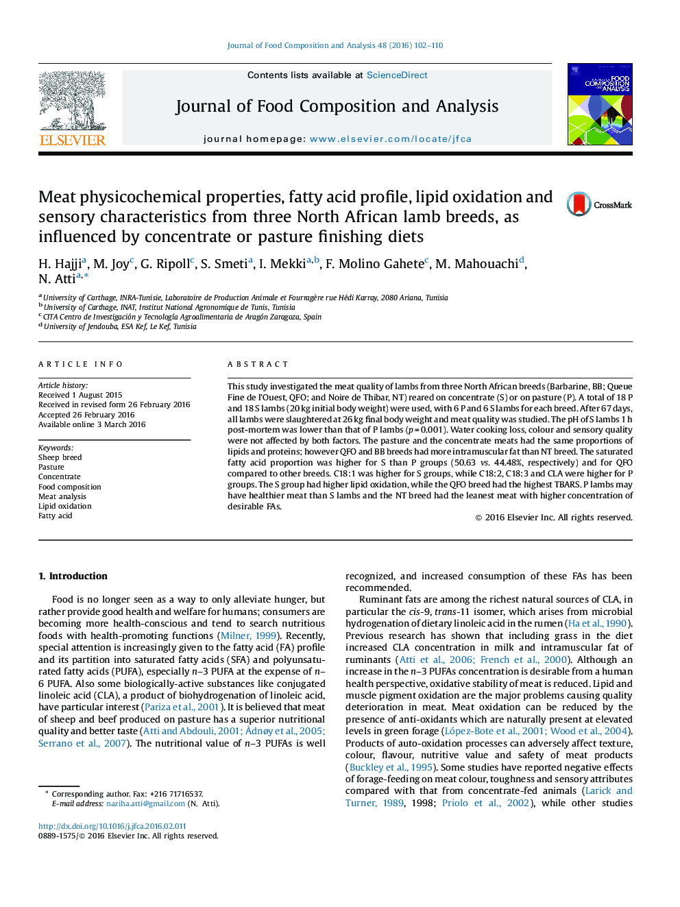 Meat physicochemical properties, fatty acid profile, lipid oxidation and sensory characteristics from three North African lamb breeds, as influenced by concentrate or pasture finishing diets