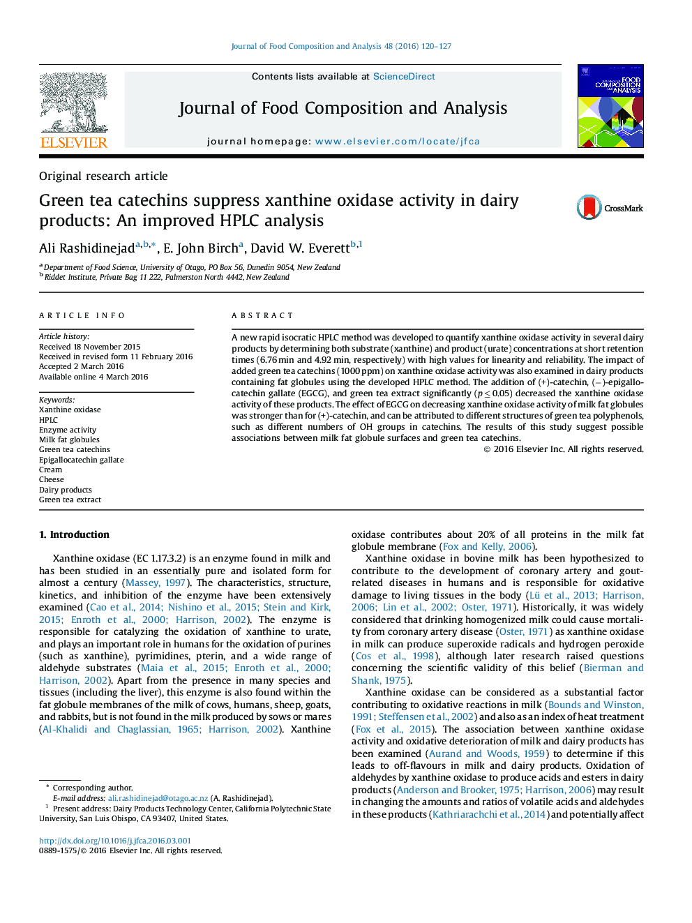 Green tea catechins suppress xanthine oxidase activity in dairy products: An improved HPLC analysis