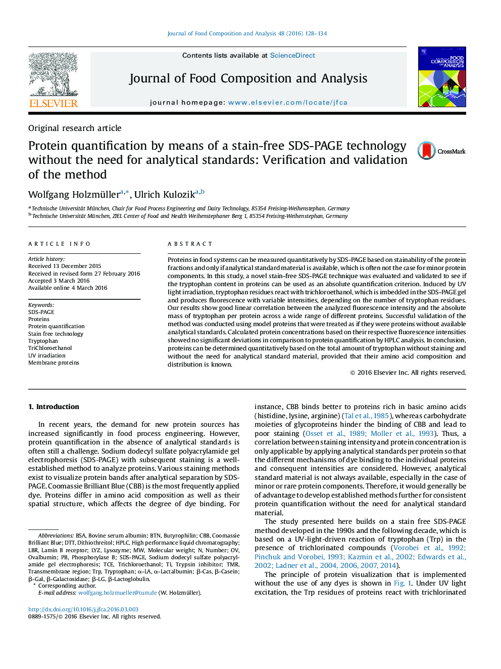 Protein quantification by means of a stain-free SDS-PAGE technology without the need for analytical standards: Verification and validation of the method