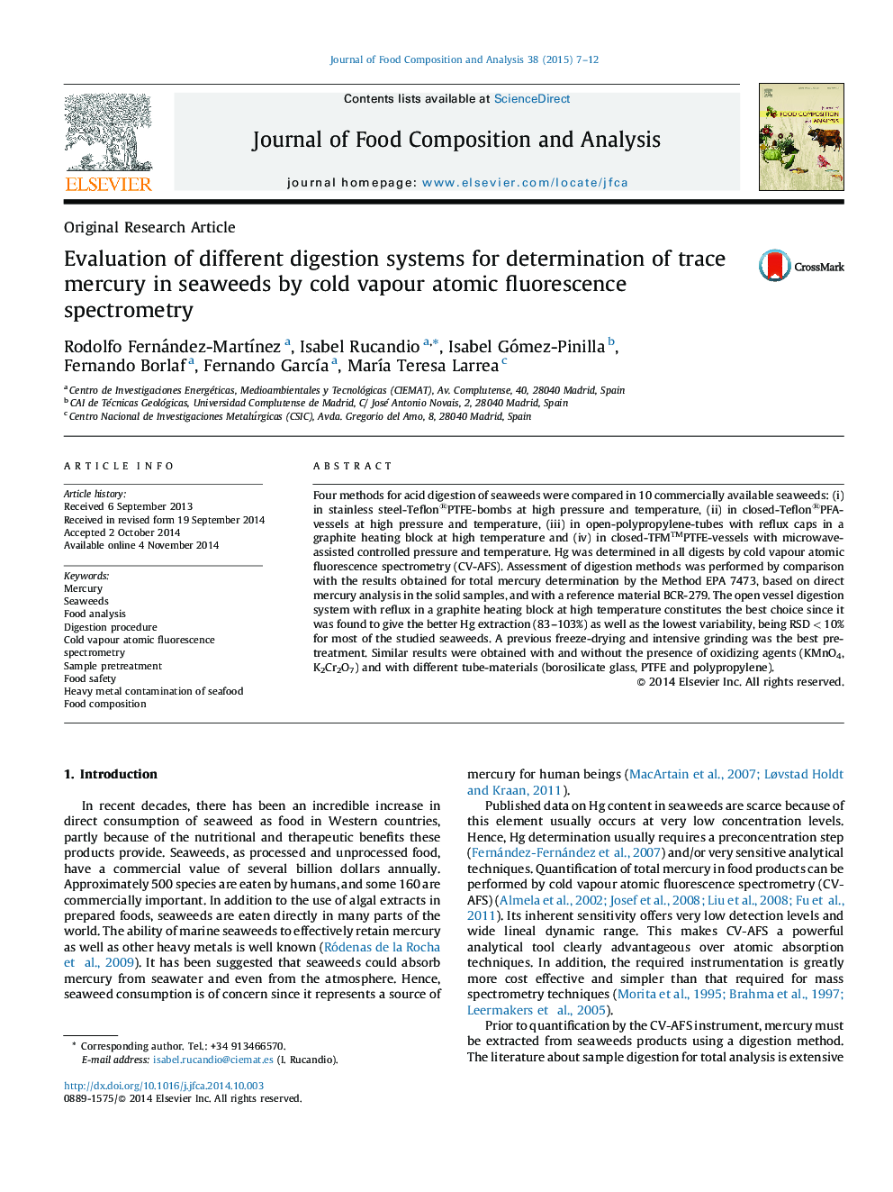 Evaluation of different digestion systems for determination of trace mercury in seaweeds by cold vapour atomic fluorescence spectrometry