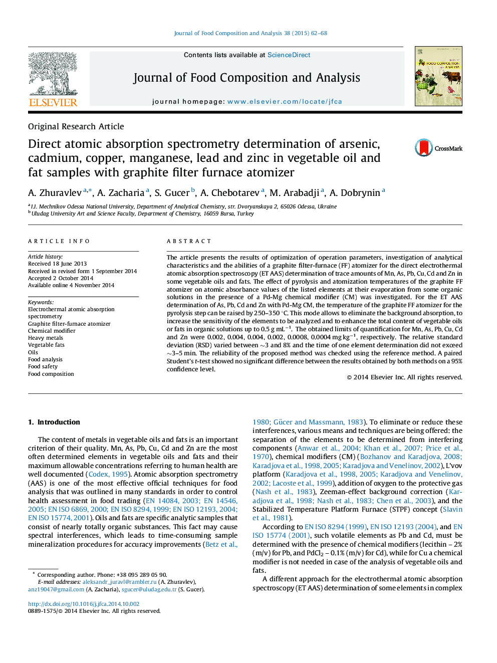 Direct atomic absorption spectrometry determination of arsenic, cadmium, copper, manganese, lead and zinc in vegetable oil and fat samples with graphite filter furnace atomizer