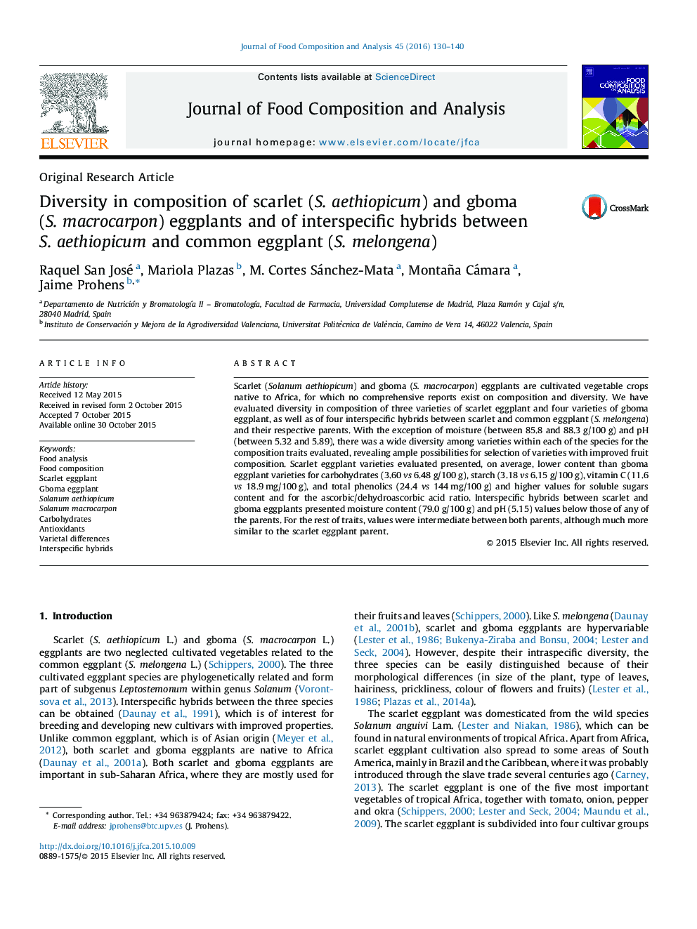 عکس صفحه اول مقاله: Diversity in composition of scarlet (S. aethiopicum) and gboma (S. macrocarpon) eggplants and of interspecific hybrids between S. aethiopicum and common eggplant (S. melongena) Diversity in composition of scarlet (S. aethiopicum) and gboma (S. macrocarpon) eggplants and of interspecific hybrids between S. aethiopicum and common eggplant (S. melongena)