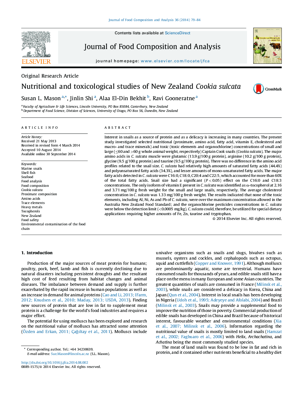 Nutritional and toxicological studies of New Zealand Cookia sulcata