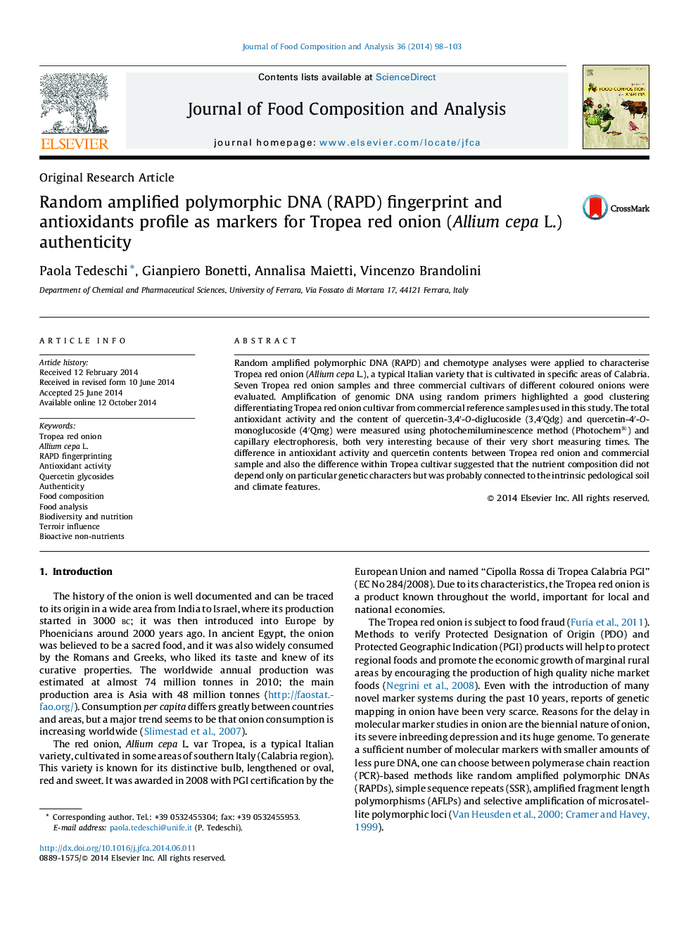 Random amplified polymorphic DNA (RAPD) fingerprint and antioxidants profile as markers for Tropea red onion (Allium cepa L.) authenticity