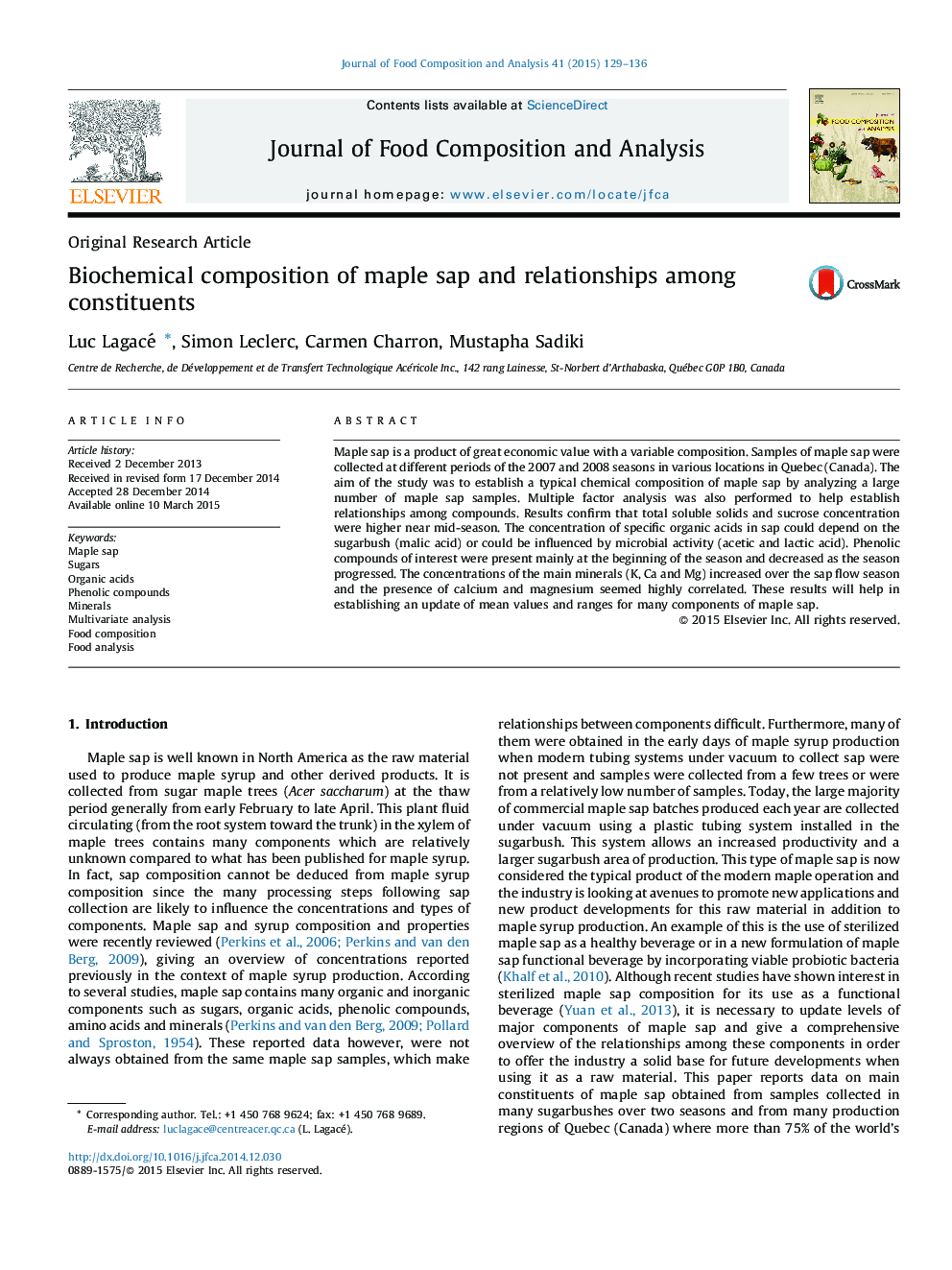 Biochemical composition of maple sap and relationships among constituents