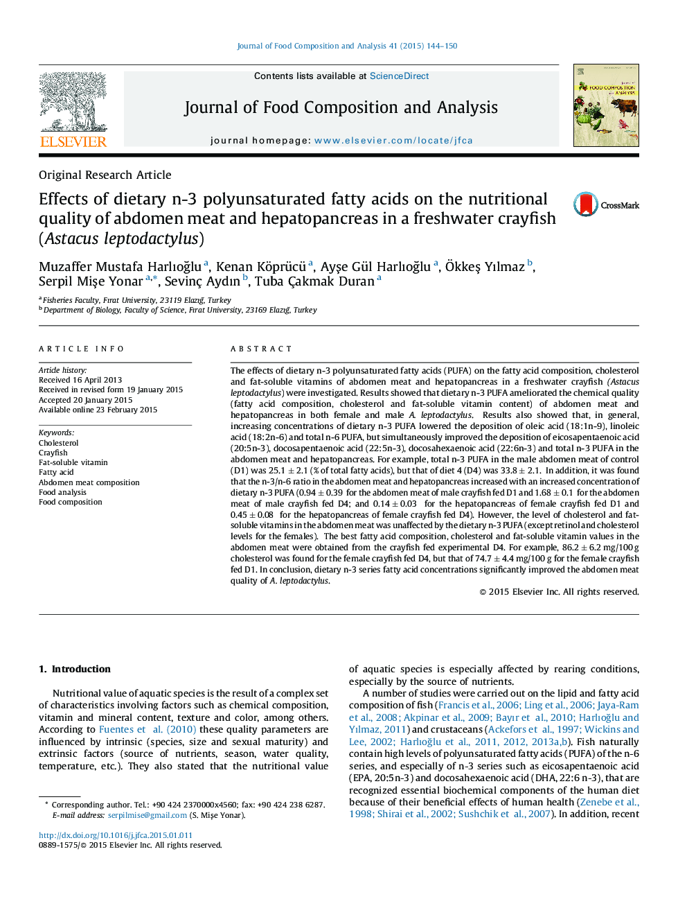 Effects of dietary n-3 polyunsaturated fatty acids on the nutritional quality of abdomen meat and hepatopancreas in a freshwater crayfish (Astacus leptodactylus)