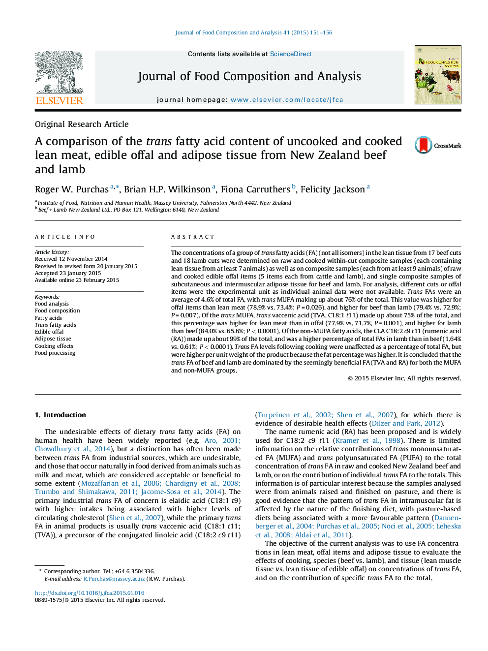 A comparison of the trans fatty acid content of uncooked and cooked lean meat, edible offal and adipose tissue from New Zealand beef and lamb