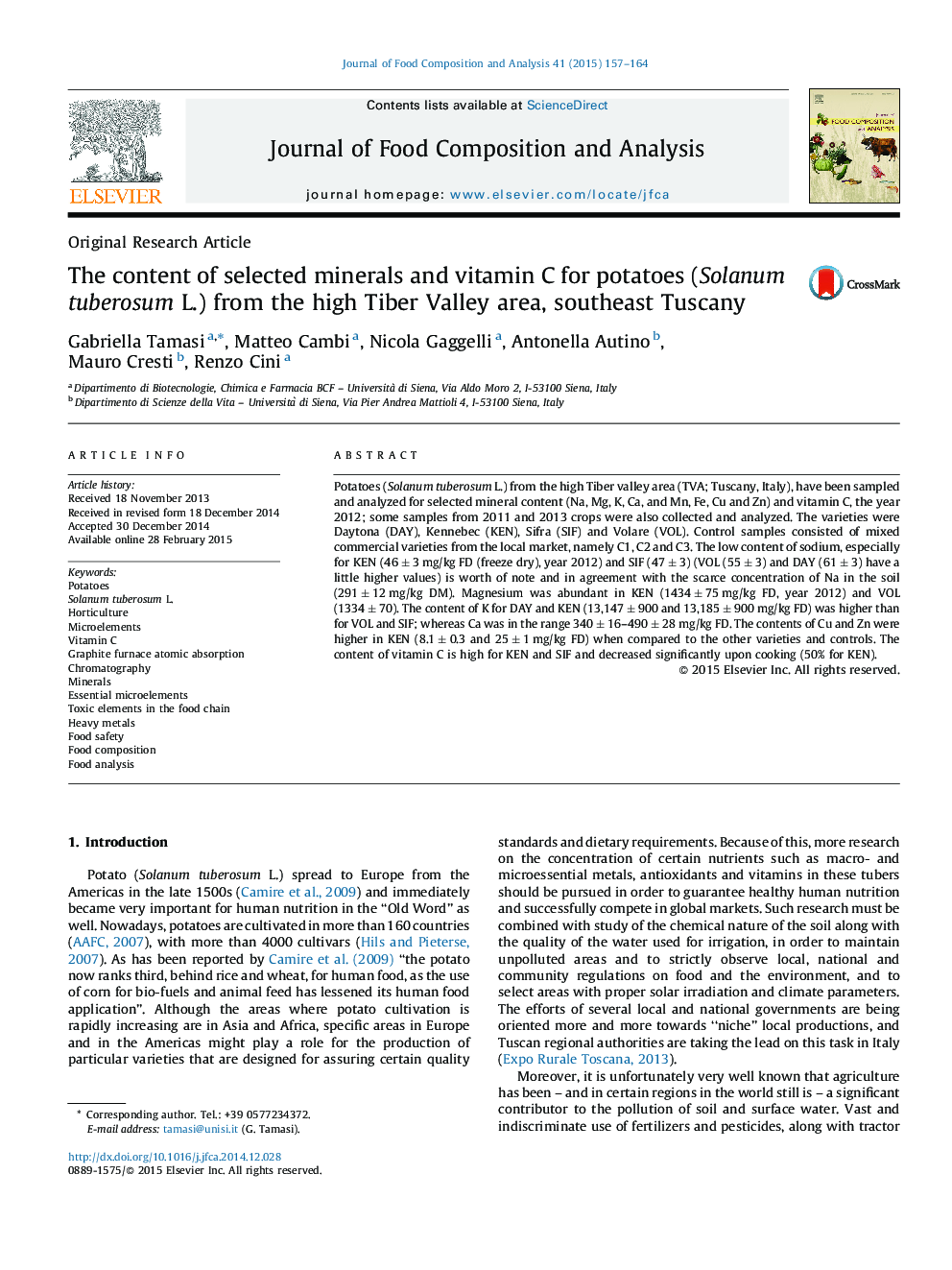 The content of selected minerals and vitamin C for potatoes (Solanum tuberosum L.) from the high Tiber Valley area, southeast Tuscany