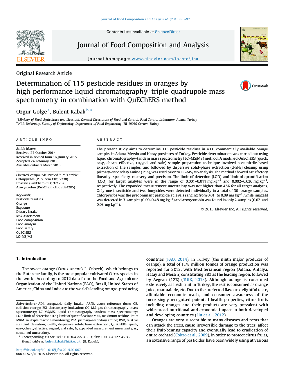 Determination of 115 pesticide residues in oranges by high-performance liquid chromatography–triple-quadrupole mass spectrometry in combination with QuEChERS method