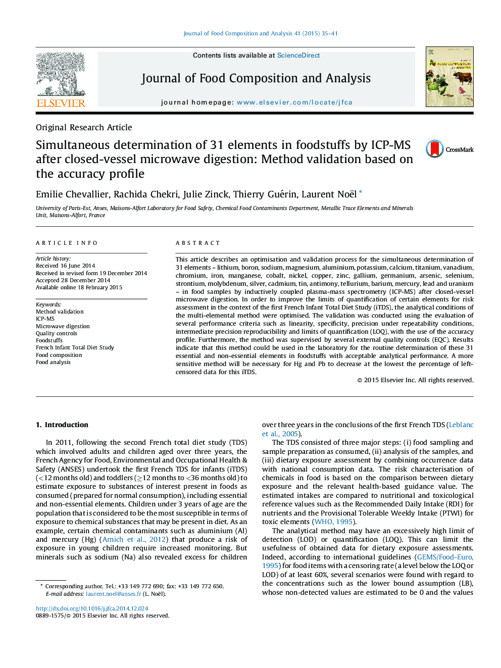 Simultaneous determination of 31 elements in foodstuffs by ICP-MS after closed-vessel microwave digestion: Method validation based on the accuracy profile