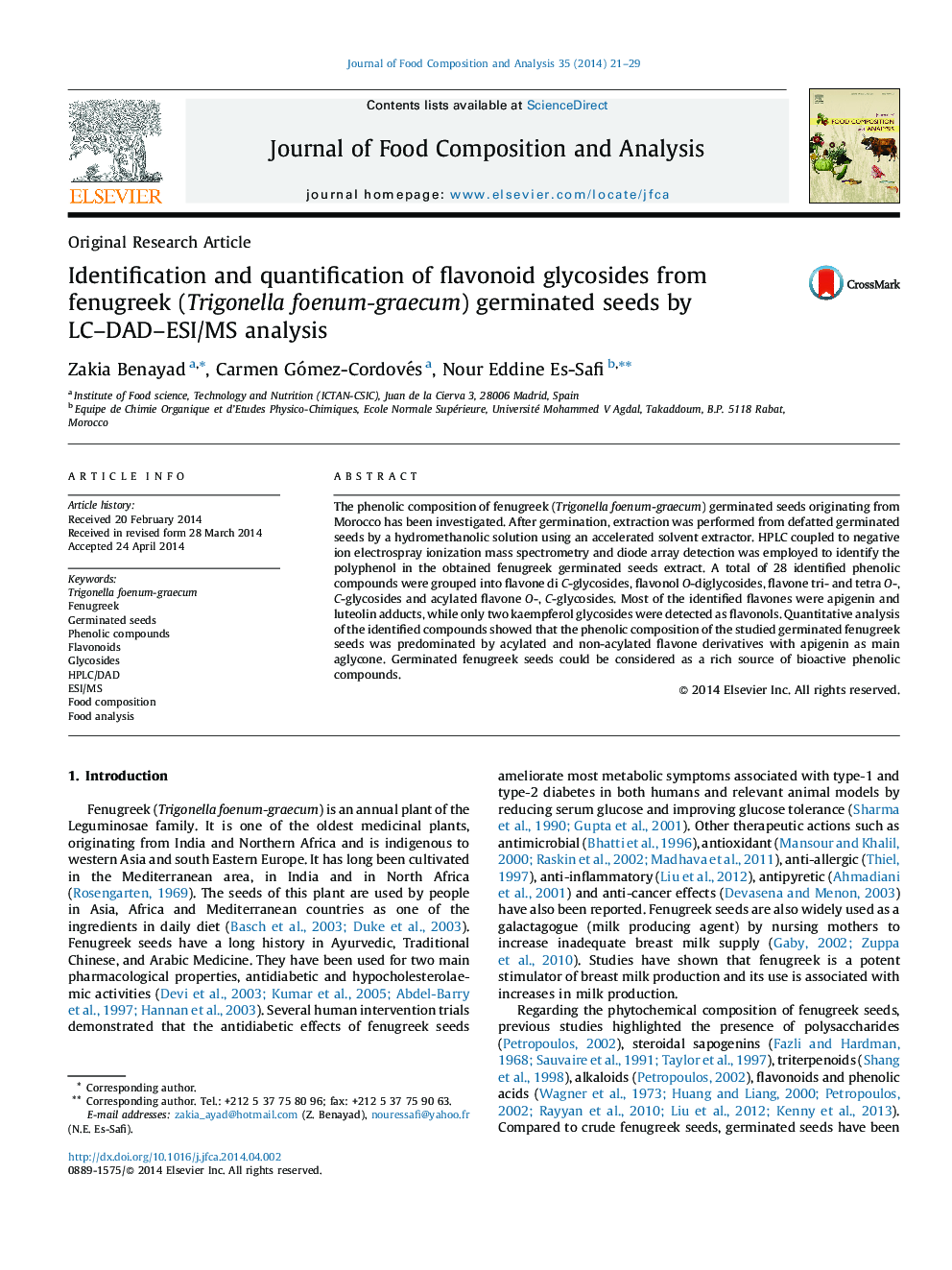 Identification and quantification of flavonoid glycosides from fenugreek (Trigonella foenum-graecum) germinated seeds by LC–DAD–ESI/MS analysis