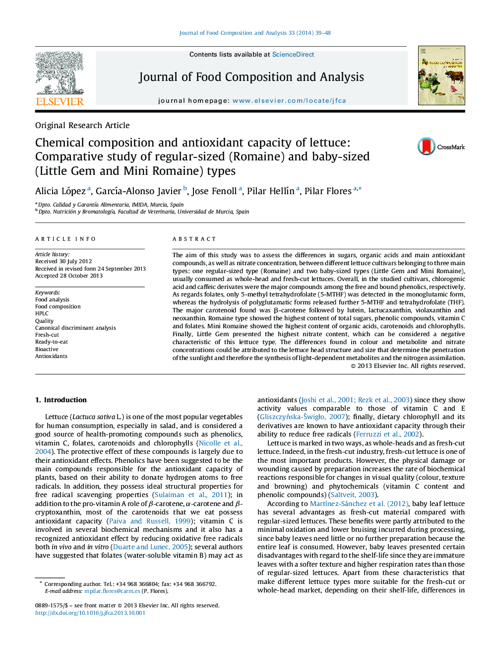 Chemical composition and antioxidant capacity of lettuce: Comparative study of regular-sized (Romaine) and baby-sized (Little Gem and Mini Romaine) types