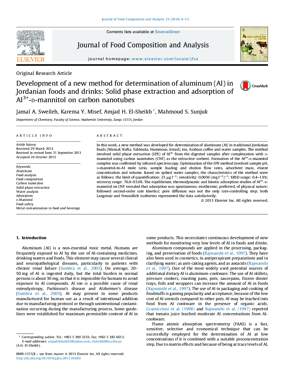 Development of a new method for determination of aluminum (Al) in Jordanian foods and drinks: Solid phase extraction and adsorption of Al3+-d-mannitol on carbon nanotubes