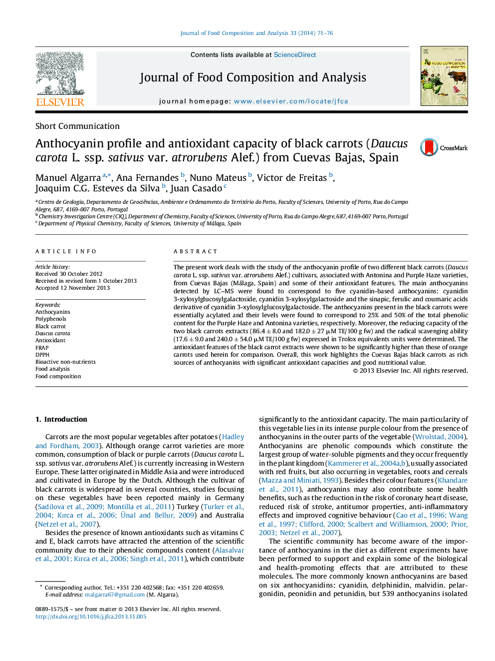 Anthocyanin profile and antioxidant capacity of black carrots (Daucus carota L. ssp. sativus var. atrorubens Alef.) from Cuevas Bajas, Spain