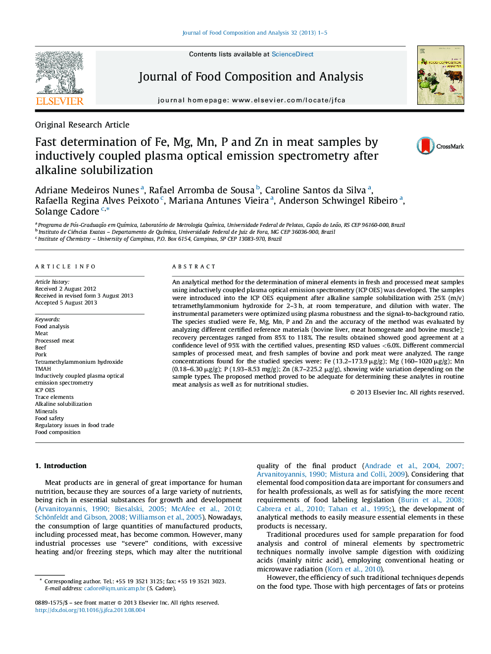 Fast determination of Fe, Mg, Mn, P and Zn in meat samples by inductively coupled plasma optical emission spectrometry after alkaline solubilization