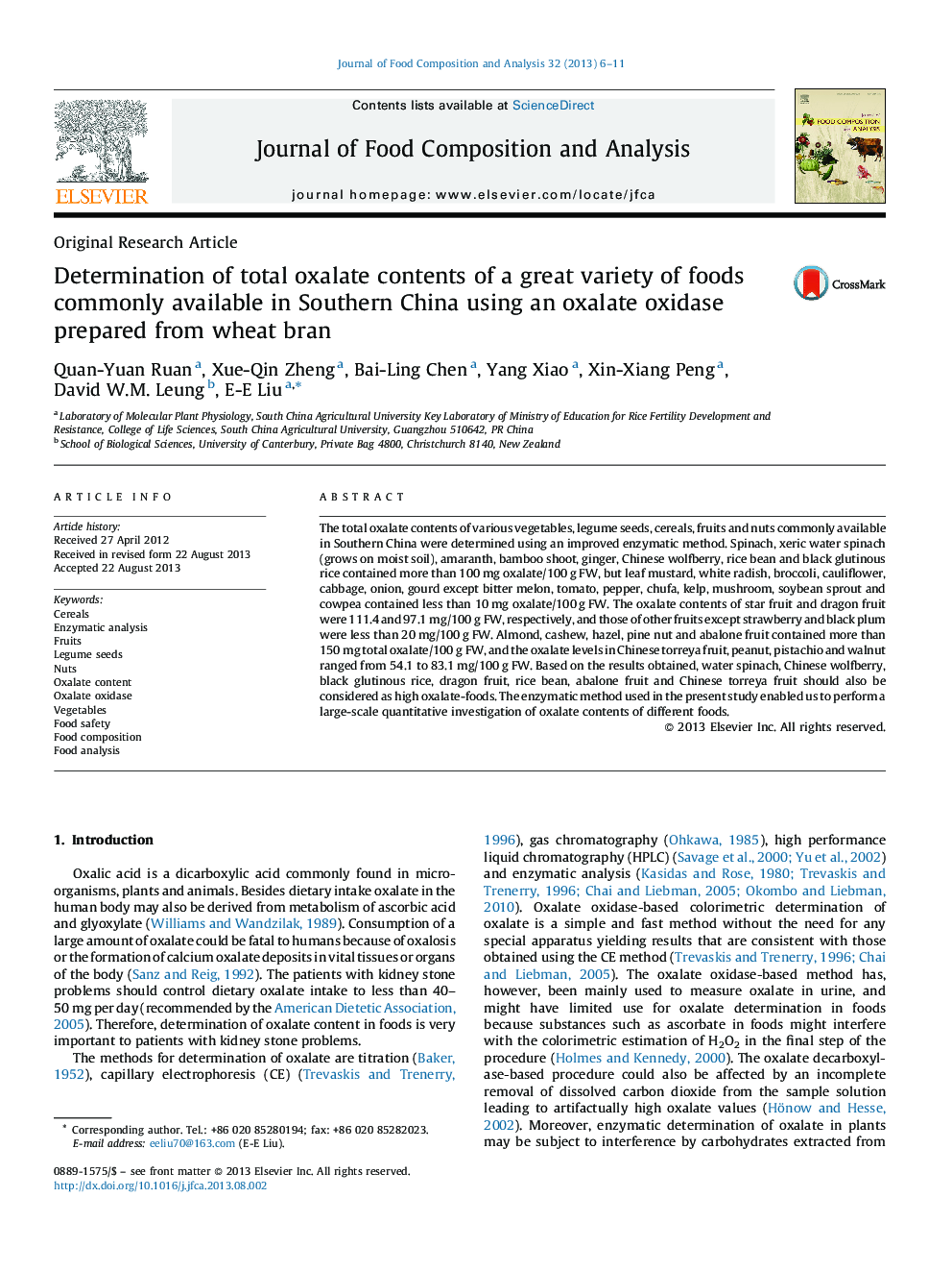 Determination of total oxalate contents of a great variety of foods commonly available in Southern China using an oxalate oxidase prepared from wheat bran