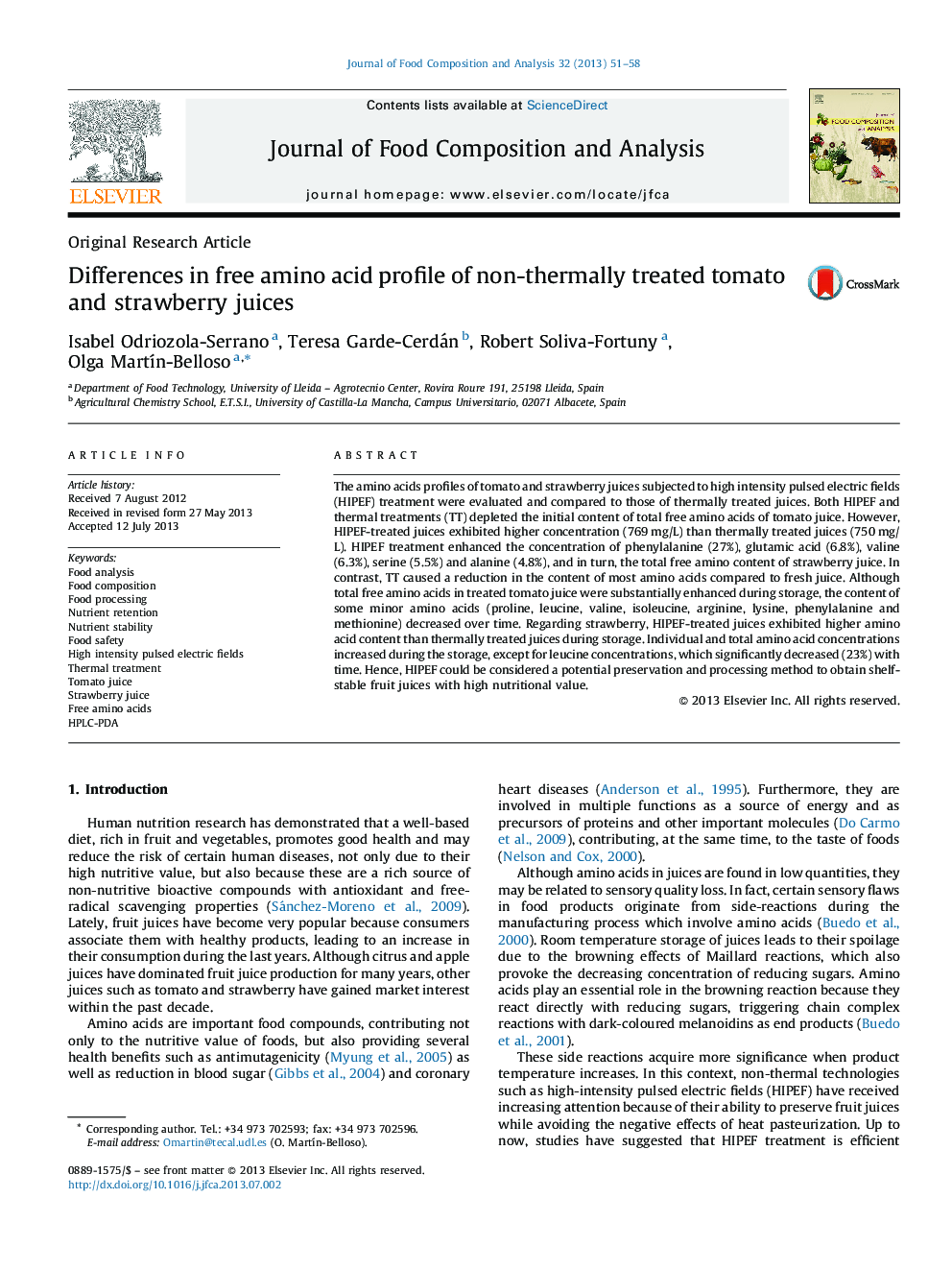 Differences in free amino acid profile of non-thermally treated tomato and strawberry juices