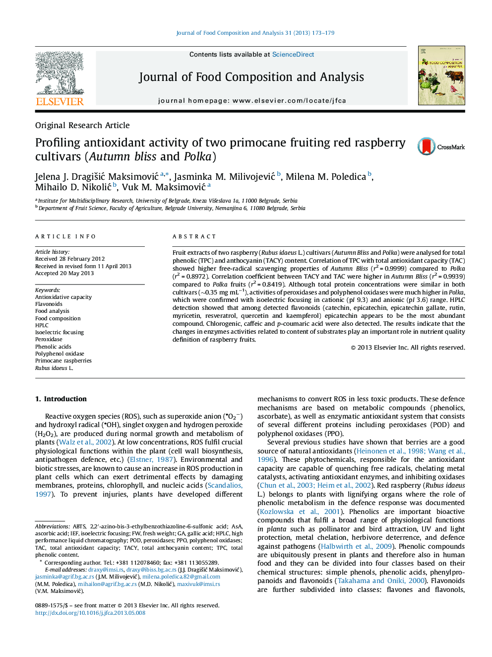 Profiling antioxidant activity of two primocane fruiting red raspberry cultivars (Autumn bliss and Polka)