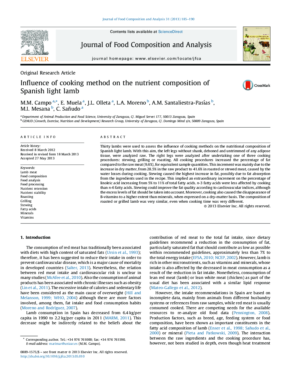 Influence of cooking method on the nutrient composition of Spanish light lamb