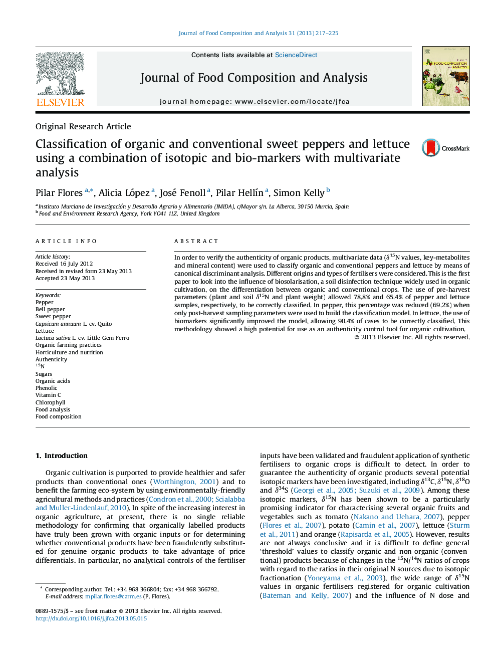 Classification of organic and conventional sweet peppers and lettuce using a combination of isotopic and bio-markers with multivariate analysis