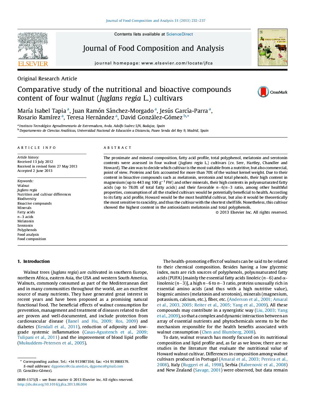 Comparative study of the nutritional and bioactive compounds content of four walnut (Juglans regia L.) cultivars