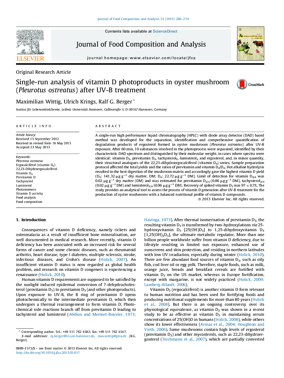 Single-run analysis of vitamin D photoproducts in oyster mushroom (Pleurotus ostreatus) after UV-B treatment