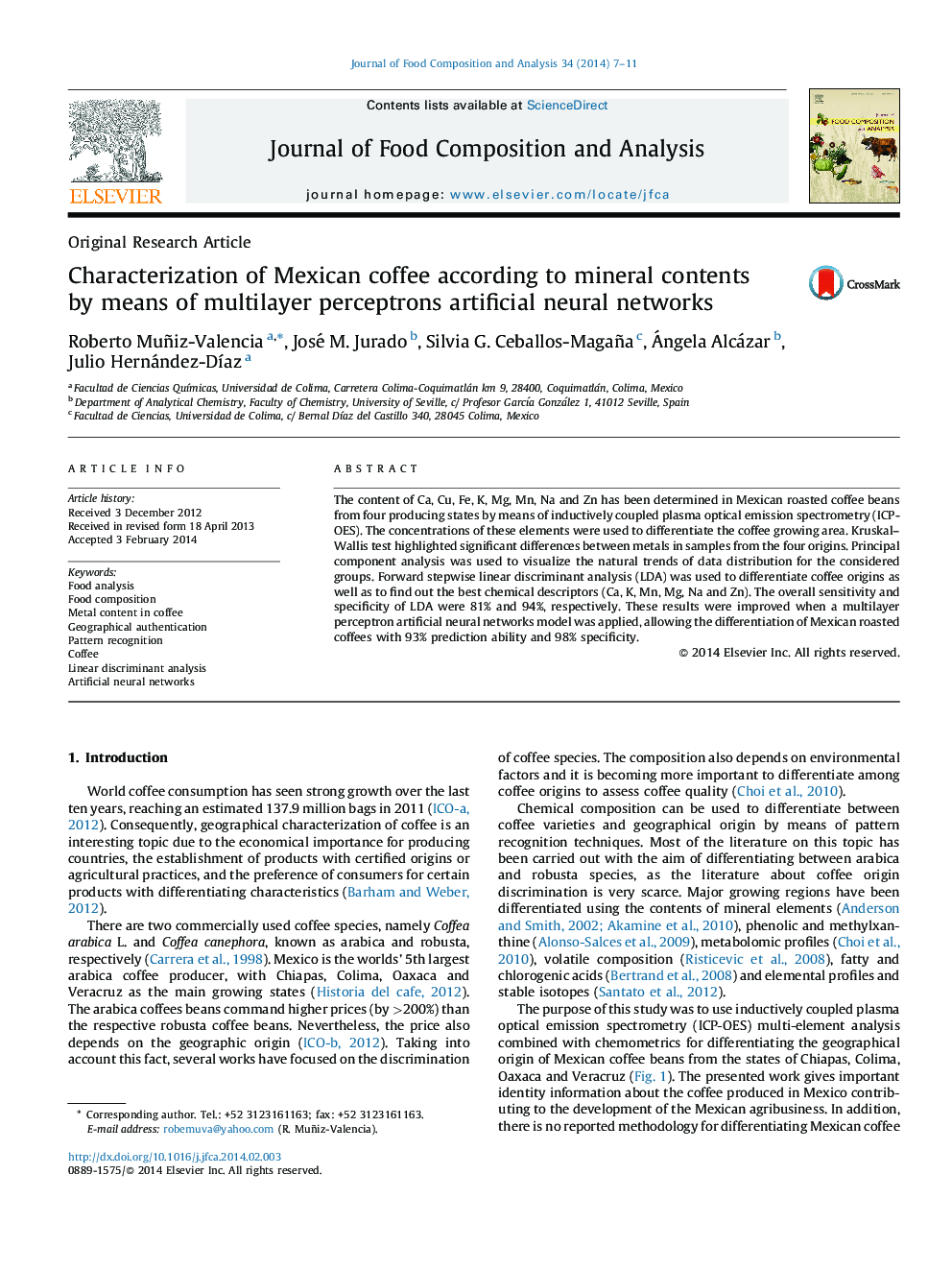 Characterization of Mexican coffee according to mineral contents by means of multilayer perceptrons artificial neural networks