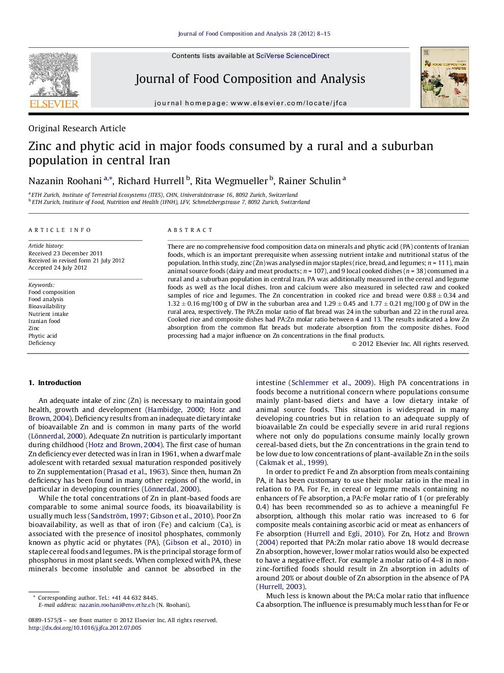 Zinc and phytic acid in major foods consumed by a rural and a suburban population in central Iran