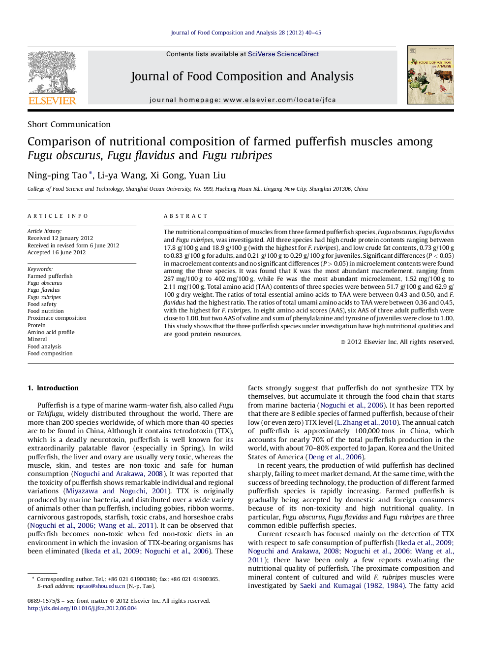 Comparison of nutritional composition of farmed pufferfish muscles among Fugu obscurus, Fugu flavidus and Fugu rubripes