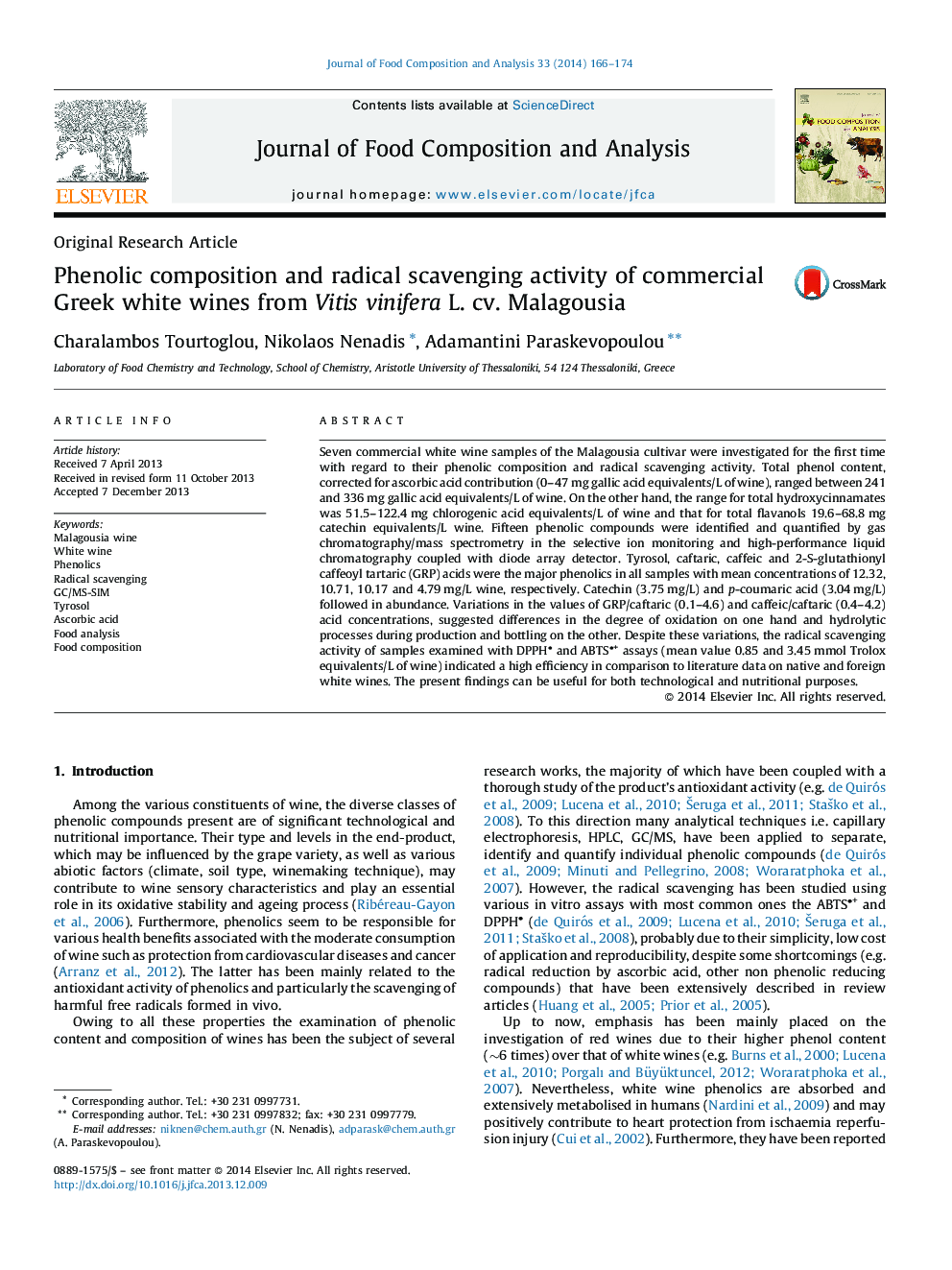 Phenolic composition and radical scavenging activity of commercial Greek white wines from Vitis vinifera L. cv. Malagousia