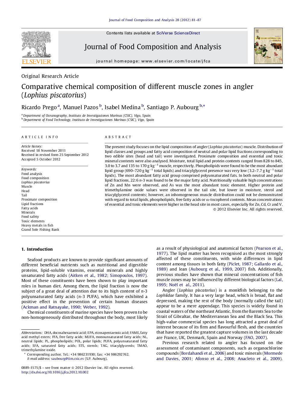 Comparative chemical composition of different muscle zones in angler (Lophius piscatorius)