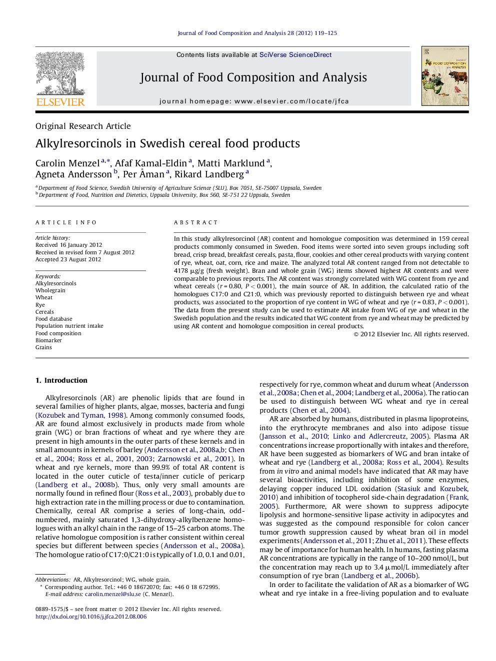 Alkylresorcinols in Swedish cereal food products