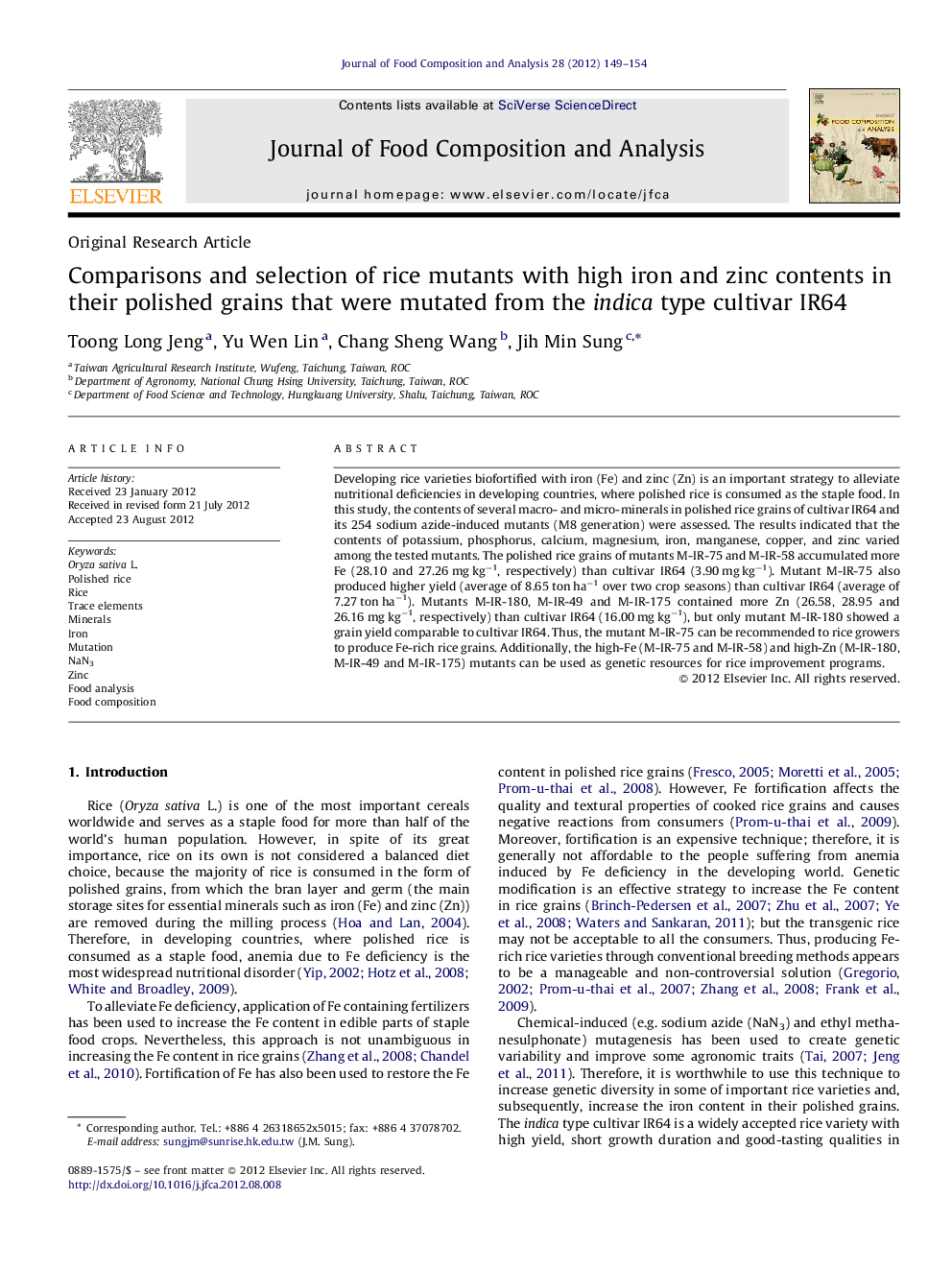 Comparisons and selection of rice mutants with high iron and zinc contents in their polished grains that were mutated from the indica type cultivar IR64