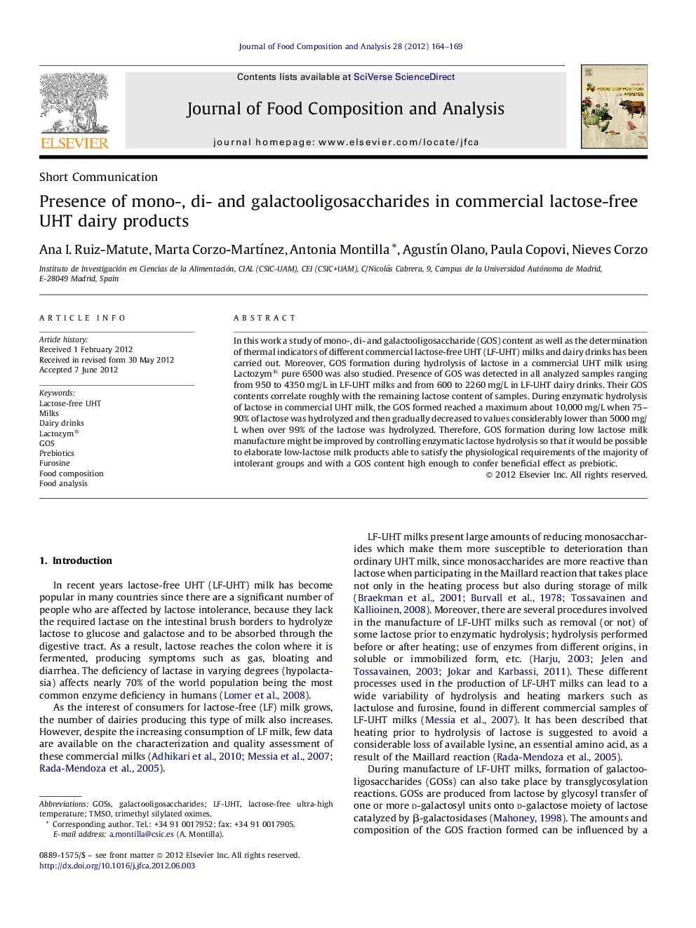 Presence of mono-, di- and galactooligosaccharides in commercial lactose-free UHT dairy products