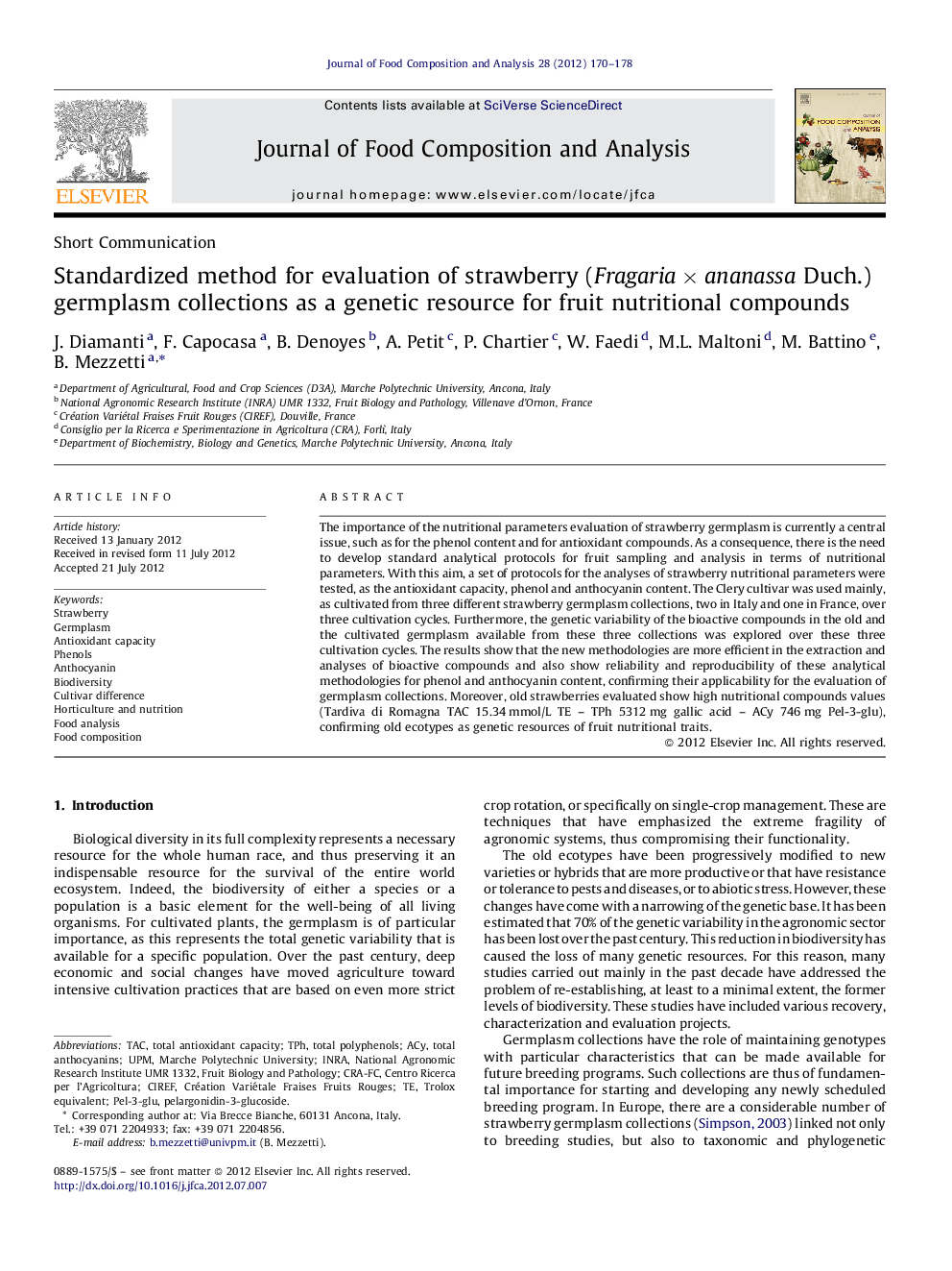 Standardized method for evaluation of strawberry (Fragaria × ananassa Duch.) germplasm collections as a genetic resource for fruit nutritional compounds